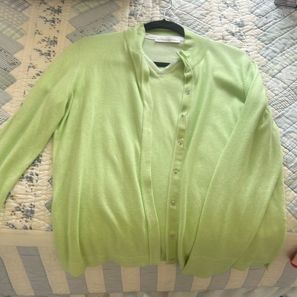 Brunello Cucinelli Green Summer Cotton Cardigan & Matching Short Sleeve Top, S